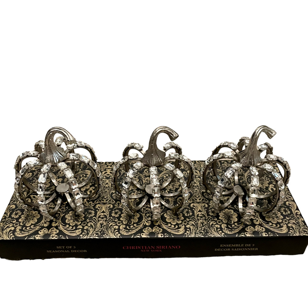 Christian Siriano Crystal Jeweled Metal Pumpkins Set of 3 Silver Halloween GLAM - Picture 5 of 13